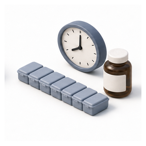 Pastillero, reloj y frasco de medicación